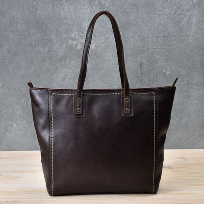 Leather Mens Womens 15' Large Shoulder Bag Brown Tote Bag Large Side Bag Dark Coffee Handbag For Men