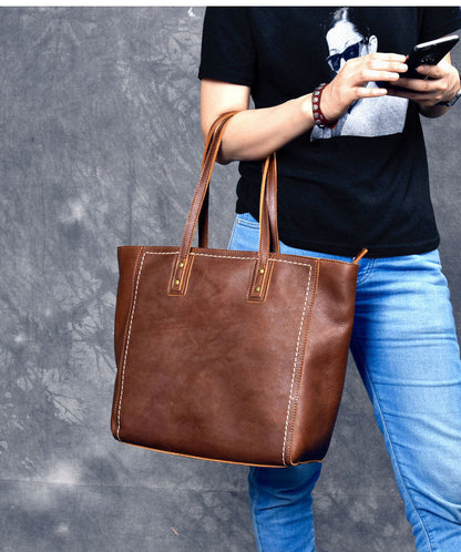 Leather Mens Womens 15' Large Shoulder Bag Brown Tote Bag Large Side Bag Dark Coffee Handbag For Men