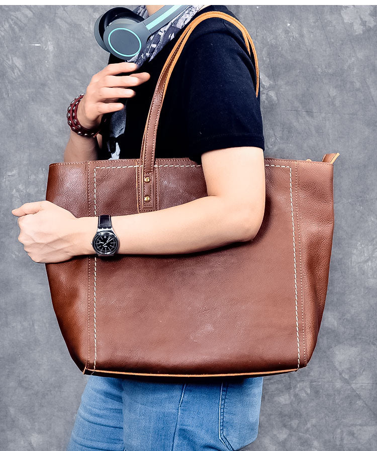 Leather Mens Womens 15' Large Shoulder Bag Brown Tote Bag Large Side Bag Dark Coffee Handbag For Men