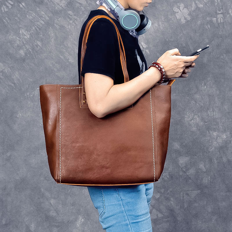 Leather Mens Womens 15' Large Shoulder Bag Brown Tote Bag Large Side Bag Dark Coffee Handbag For Men