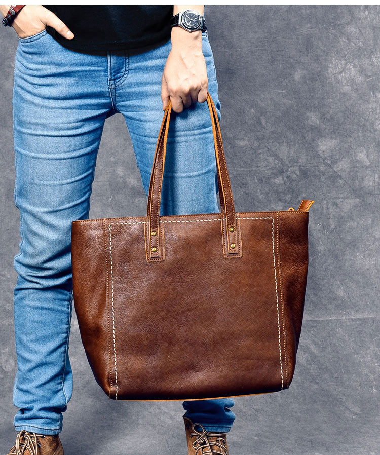 Leather Mens Womens 15' Large Shoulder Bag Brown Tote Bag Large Side Bag Dark Coffee Handbag For Men