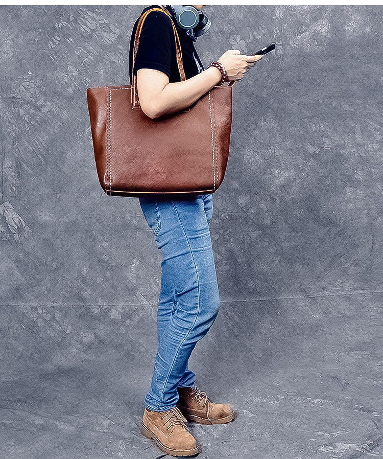 Leather Mens Womens 15' Large Shoulder Bag Brown Tote Bag Large Side Bag Dark Coffee Handbag For Men