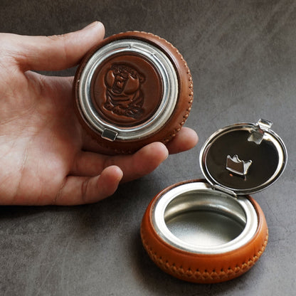 Leather&Stainless Steel Portable Ashtray Travel Mens Ashtray Pocket Cute Around Ashtray for Men