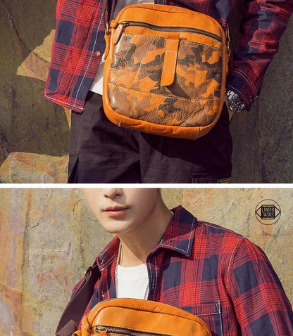 Yellow Cool Leather Mens Camouflage Vertical Side Bag Small Messenger Bags Casual Bicycle Bags for Men