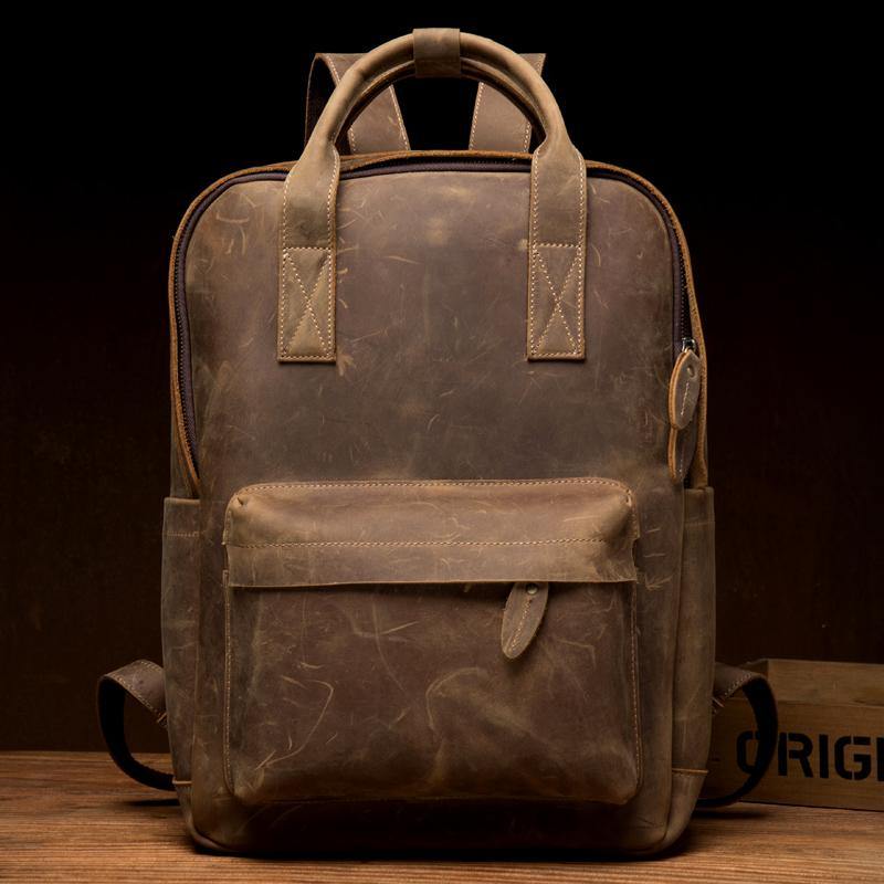 Cool Brown Mens Leather 15-inch Work Backpack Handbag Travel Backpack Computer Backpack for Men