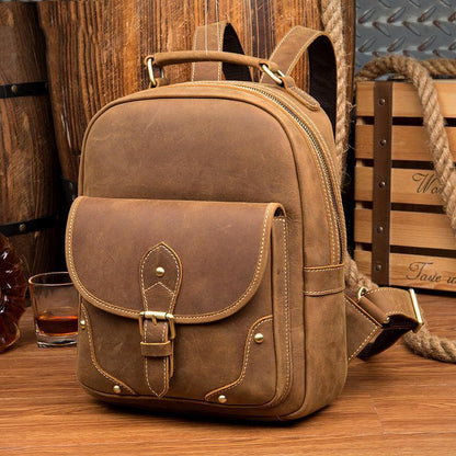 Fashion Light Brown Mens Leather 12-inch Small Backpacks Travel Backpack School Backpacks for men