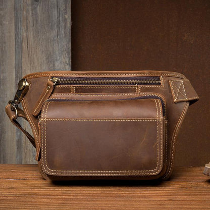 Cool Brown Leather Fanny Pack Mens Waist Bags Hip Pack Belt Bag Bumbags for Men