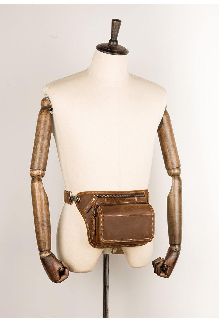 Cool Brown Leather Fanny Pack Mens Waist Bags Hip Pack Belt Bag Bumbags for Men