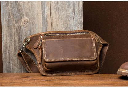 Cool Brown Leather Fanny Pack Mens Waist Bags Hip Pack Belt Bag Bumbags for Men