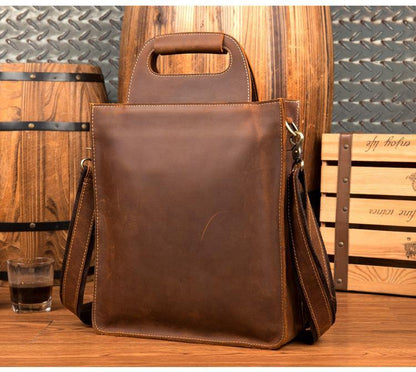 Light Brown Leather Mens 12 inches Briefcase Vertical Laptop Bag Business Handbag Work Bags for Men