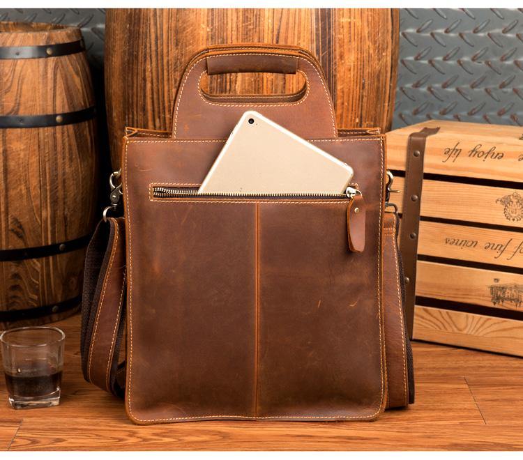 Light Brown Leather Mens 12 inches Briefcase Vertical Laptop Bag Business Handbag Work Bags for Men