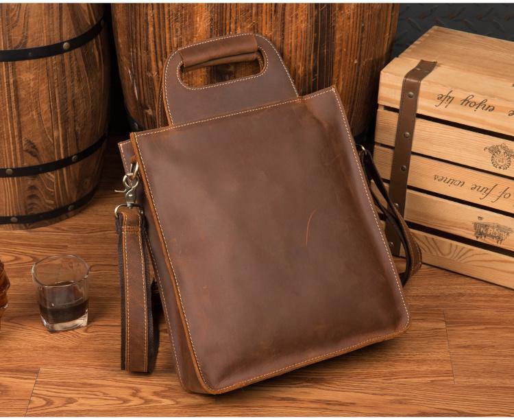 Light Brown Leather Mens 12 inches Briefcase Vertical Laptop Bag Business Handbag Work Bags for Men