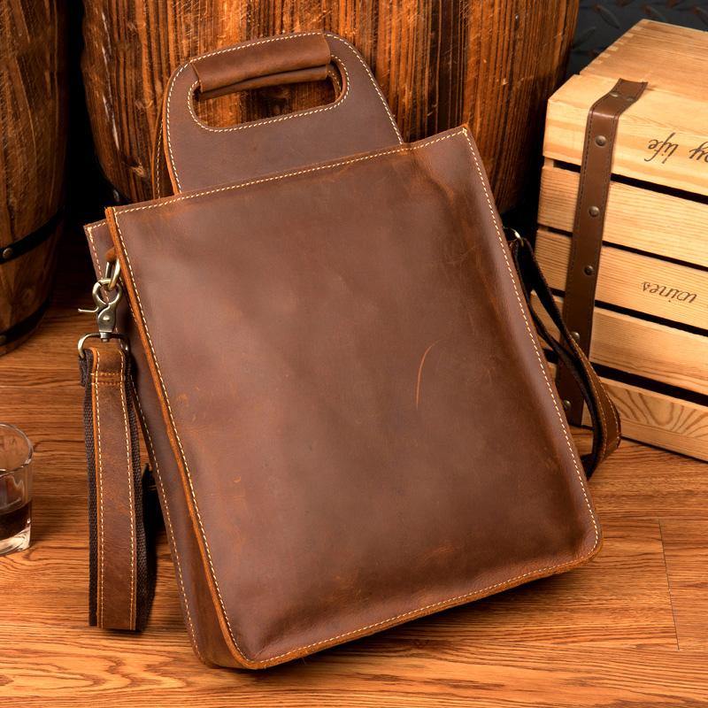 Light Brown Leather Mens 12 inches Briefcase Vertical Laptop Bag Business Handbag Work Bags for Men