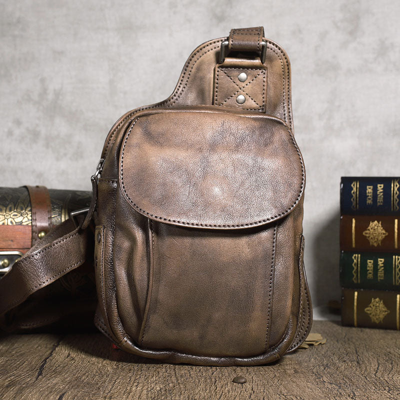 Brown MENS Vintage LEATHER Sling Bag Chest Bag Gray One Shoulder Backpack For Men