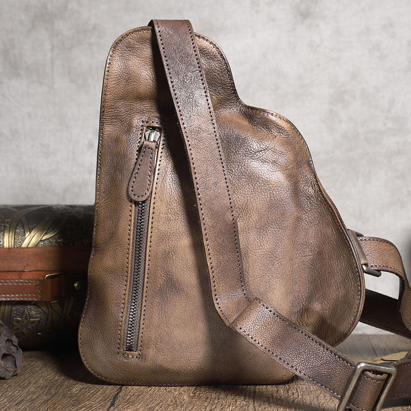 Brown MENS Vintage LEATHER Sling Bag Chest Bag Gray One Shoulder Backpack For Men