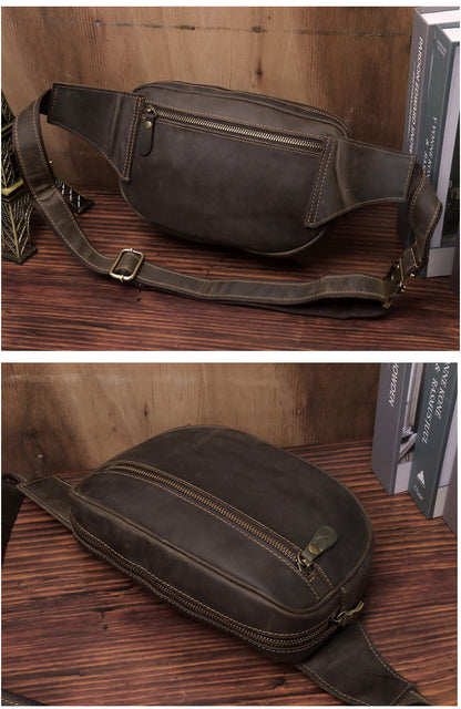 Best Coffee Leather Chest Bag Men's Around Fanny Pack Best Hip Bag Waist Bag For Men