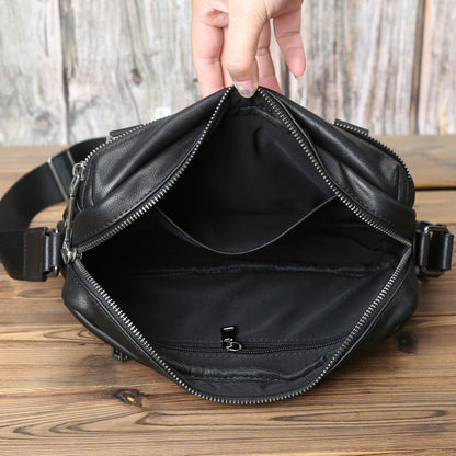 Mens Black Leather Messenger Bag Small Black Leather Shoulder Courier Bag For Men