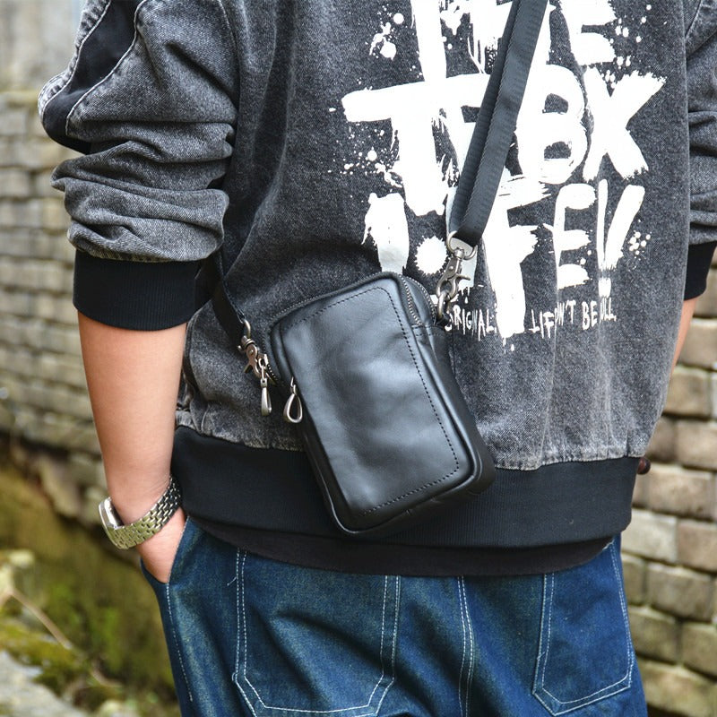 Mens Black Leather Mini Shoulder Bag Black Leather Cell Phone Crossbody Bag For Men