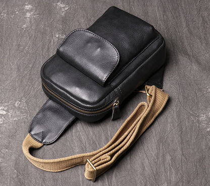 Mens Black Leather Sling Bag Cool Leather Sling Pack Cool Sling Crossbody Packs For Men