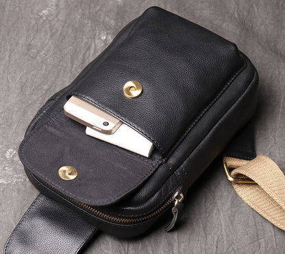 Mens Black Leather Sling Bag Cool Leather Sling Pack Cool Sling Crossbody Packs For Men