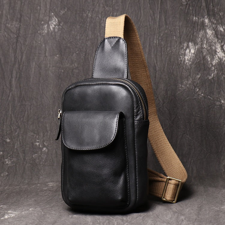 Mens Black Leather Sling Bag Cool Leather Sling Pack Cool Sling Crossbody Packs For Men