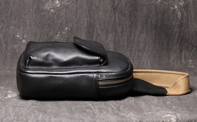 Mens Black Leather Sling Bag Cool Leather Sling Pack Cool Sling Crossbody Packs For Men