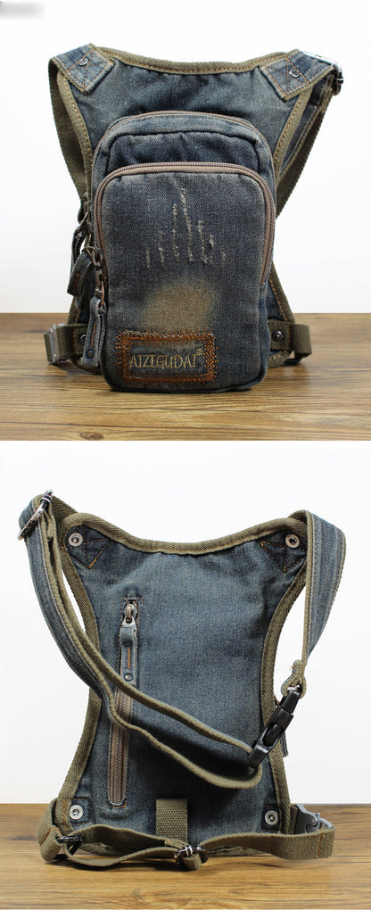 Blue Denim Thigh Bag Fanny Pack for Men Drop Leg Bag Blue Denim Mens Bum Bag Waist Bags