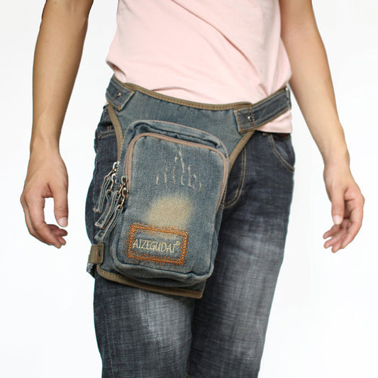 Mens Denim Thigh Bag Fanny Pack for Men Drop Leg Bag Blue Denim Bum Bag Waist Bags