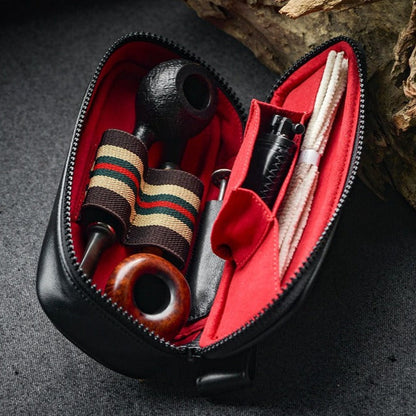 Black Leather Mens Leather 2pcs Tobacco Pipes Case Zipper Tobacco Pipe Cases for Men