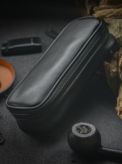 Black Leather Mens Leather 2pcs Tobacco Pipes Case Zipper Tobacco Pipe Cases for Men