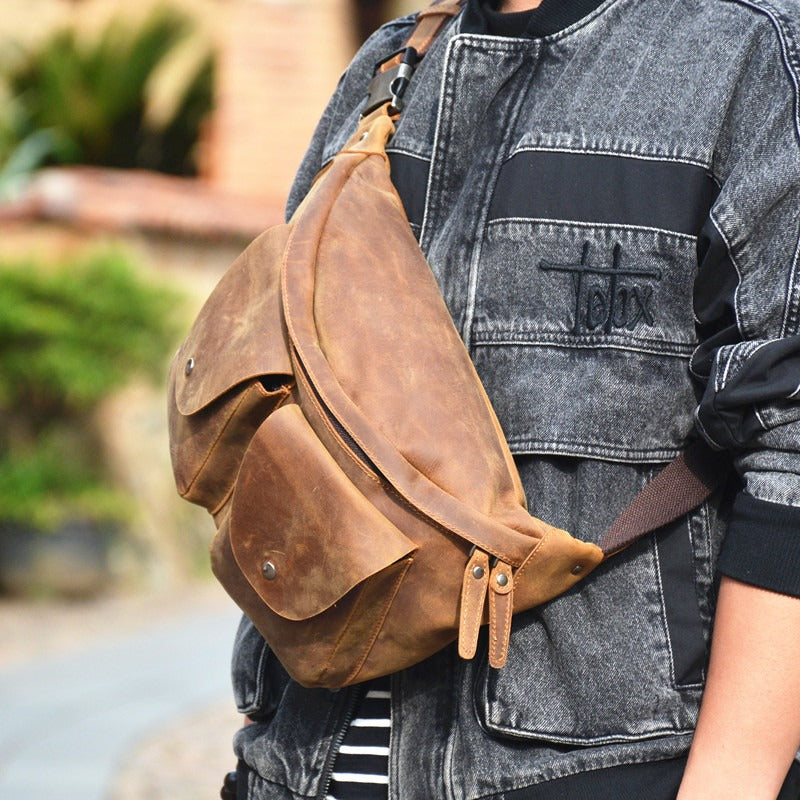 Mens Leather Fanny Packs Large Brown Waist Bags Mens Hip Pack Bum Bag For Men