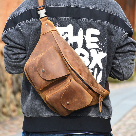 Mens Leather Fanny Packs Large Brown Waist Bags Mens Hip Pack Bum Bag For Men