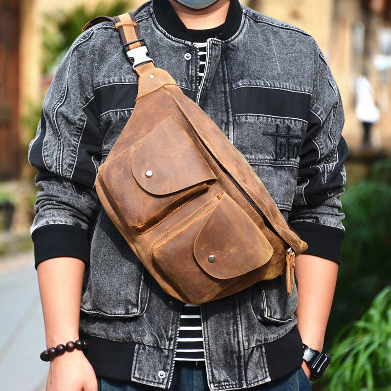 Mens Leather Fanny Packs Large Brown Waist Bags Mens Hip Pack Bum Bag For Men