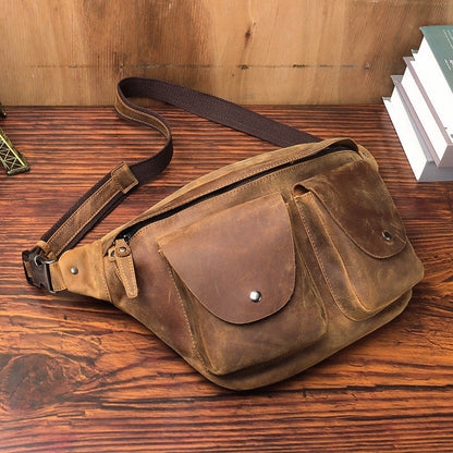 Mens Leather Fanny Packs Large Brown Waist Bags Mens Hip Pack Bum Bag For Men