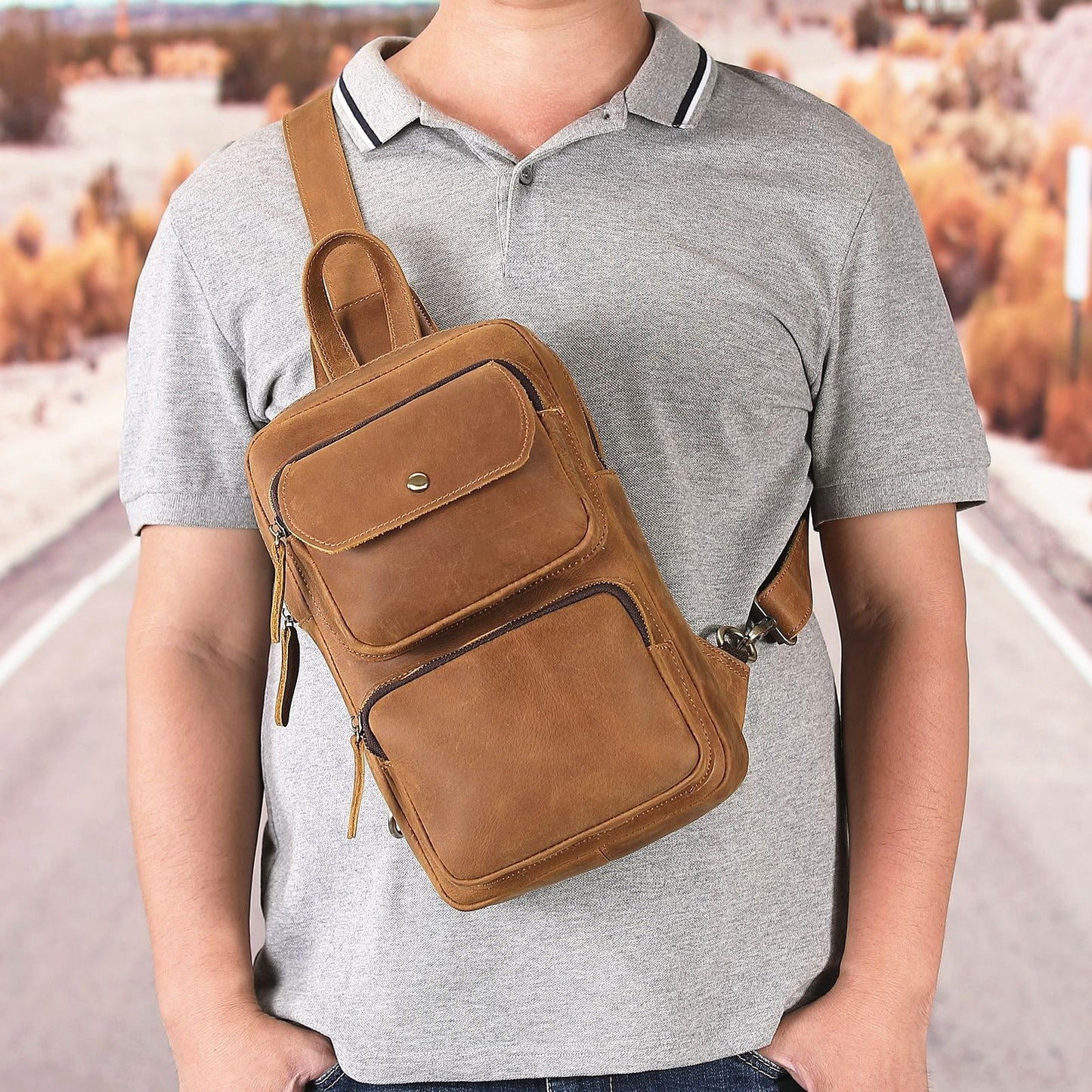 Mens Leather Sling Crossbody Pack Sling Bags Travel Pack Sling Chest Bag For Men