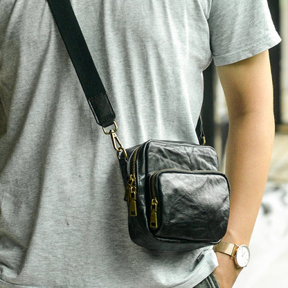 Mens Leather Small Side Bag Mens Waist Bag Black Belt Pouch Shoulder Bag for Men