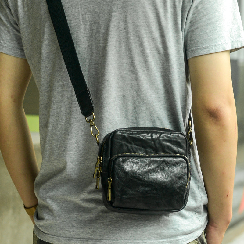 Mens Leather Small Side Bag Mens Waist Bag Black Belt Pouch Shoulder Bag for Men