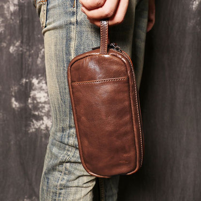 Mens Leather Zip Wallet Brown Wristlet Purse Leather Wristlet Clutch Bags For Men