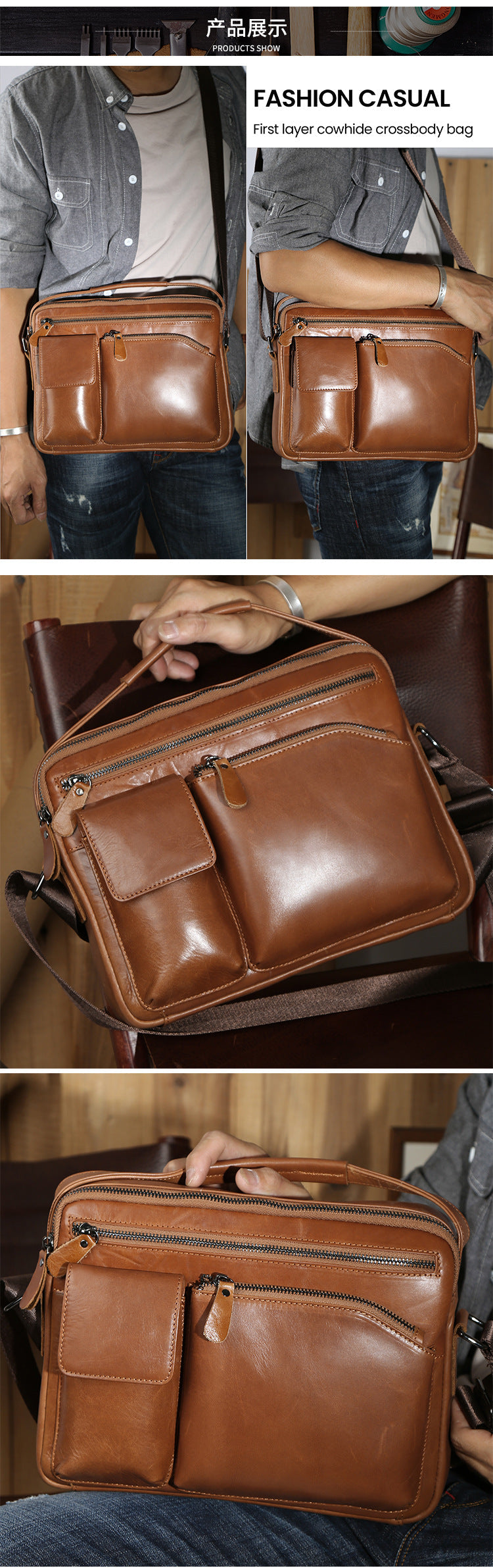 Mens Work Messenger Bags Brown Leather Ipad Casual Side Bags Courier Bag For Men