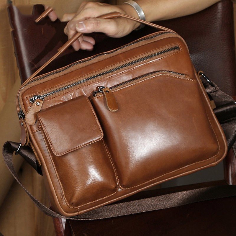 Mens Work Messenger Bags Brown Leather Ipad Casual Side Bags Courier Bag For Men