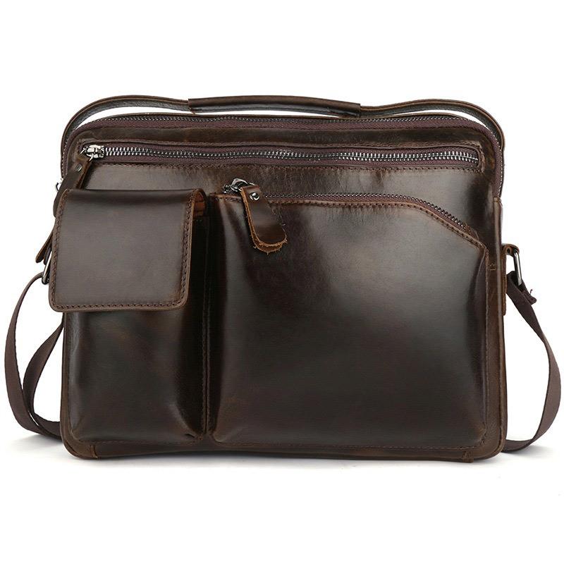 Mens Work Messenger Bags Coffee Leather Ipad Casual Side Bags Courier Bag For Men