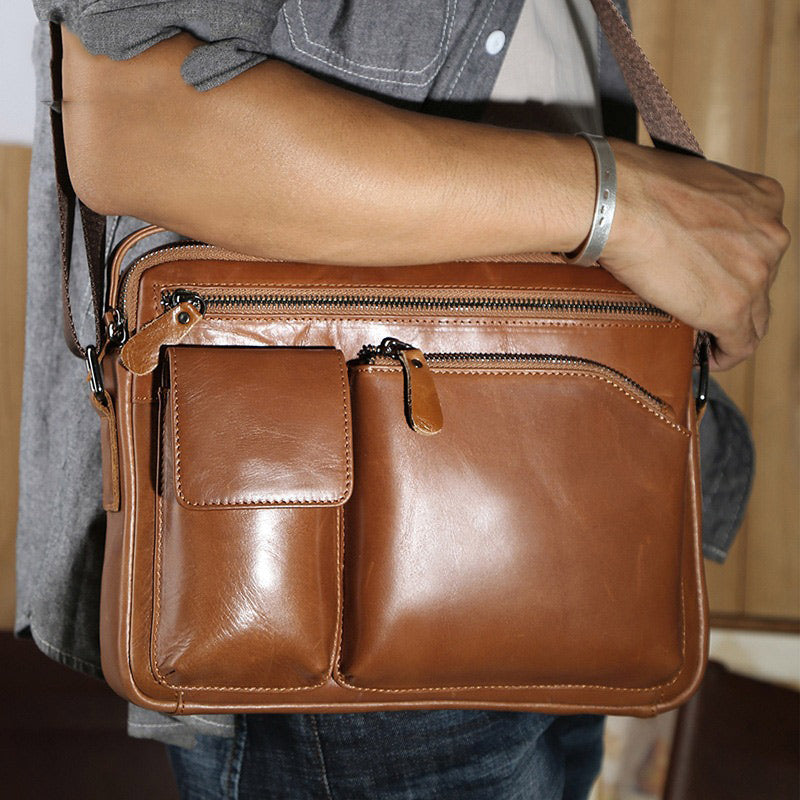 Mens Work Messenger Bags Brown Leather Ipad Casual Side Bags Courier Bag For Men