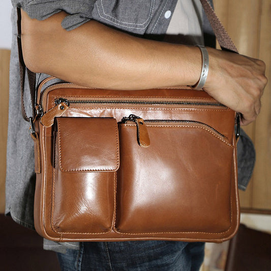 Mens Work Messenger Bags Brown Leather Ipad Casual Side Bags Courier Bag For Men