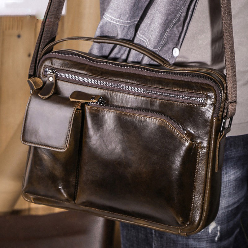 Mens Work Messenger Bags Brown Leather Ipad Casual Side Bags Courier Bag For Men