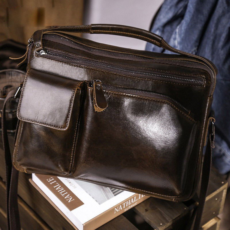 Mens Work Messenger Bags Brown Leather Ipad Casual Side Bags Courier Bag For Men