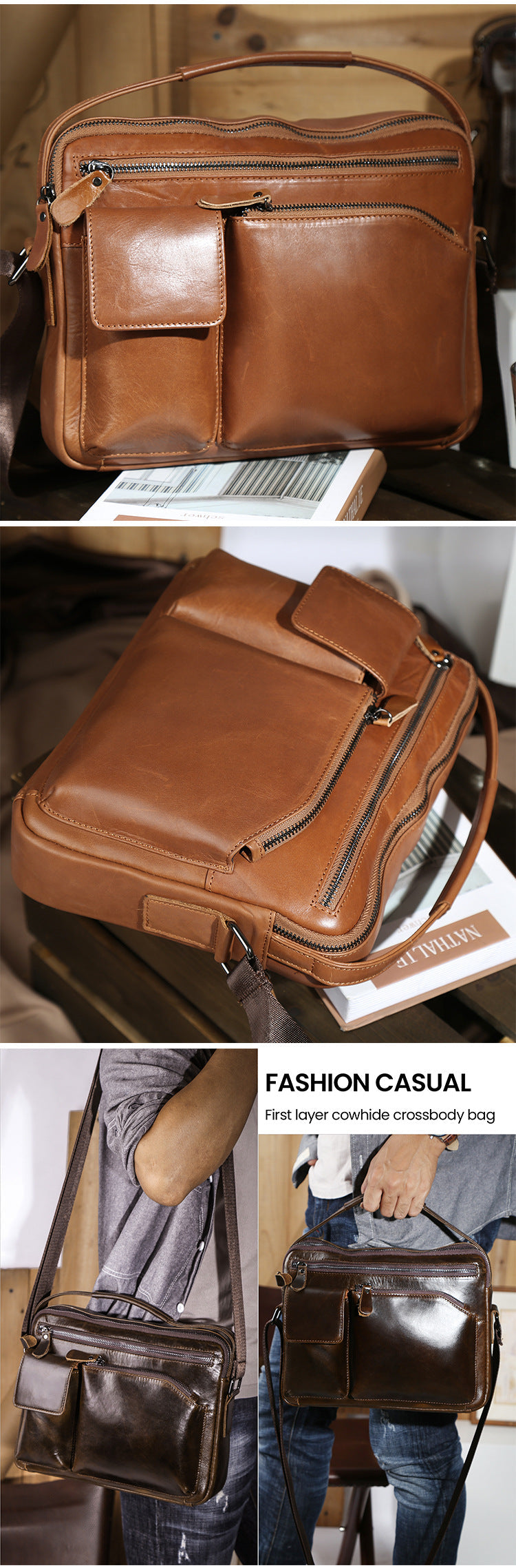 Mens Work Messenger Bags Brown Leather Ipad Casual Side Bags Courier Bag For Men