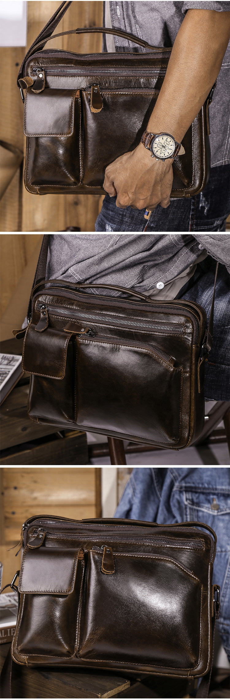 Mens Work Messenger Bags Brown Leather Ipad Casual Side Bags Courier Bag For Men