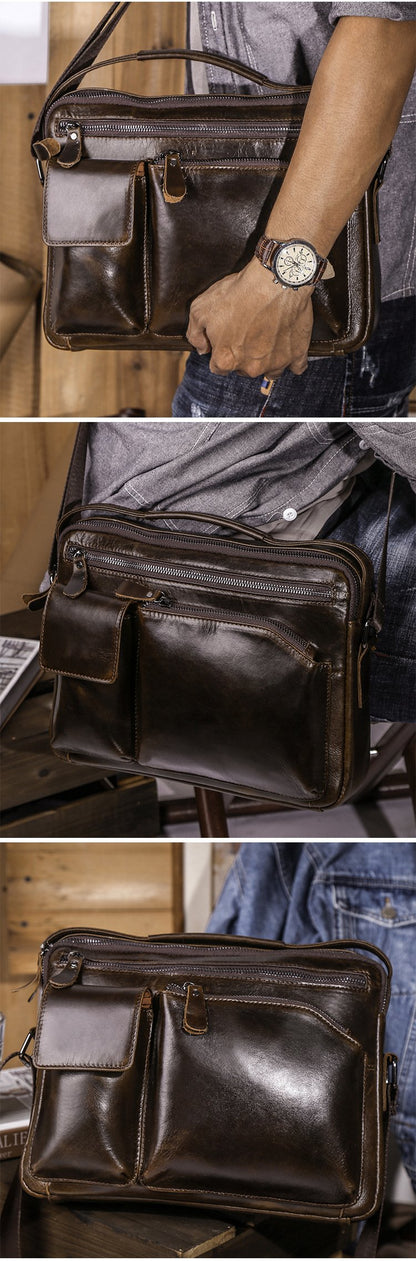 Mens Work Messenger Bags Coffee Leather Ipad Casual Side Bags Courier Bag For Men