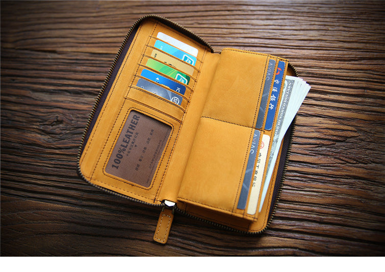 Vintage Mens Zipper Around Coffee Leather Long Wallets Bifold Zipper Long Wallets for Men