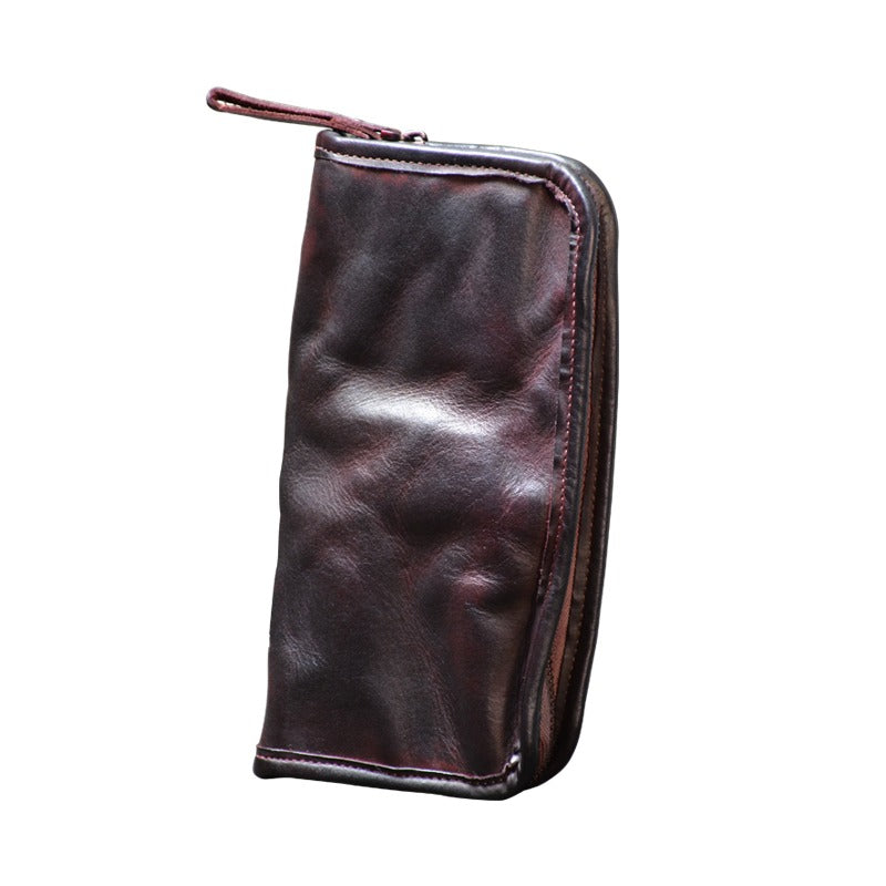 Black Leather Mens Zipper Long Wallet Wrinkled Zipper Clutch Wallet Large Wallet for Men